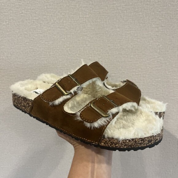 Corkys Shoes - CORKY’S Fluffy Laid Back Sandal NIB in Chestnut size 10 Faux Fur Double Buckle